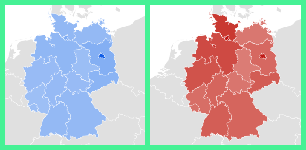 Grafik 2: Verhältnis der Suchanfragen nach Region für Extinction Rebellion (blau) und Fridays For Future (rot); Quelle: Google Trends